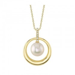 0.03Ct 14K Yellow Gold Diamond & Cultured Pearl Circle Necklace