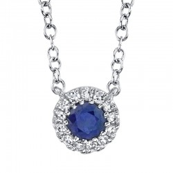 .14CT ROUND BLUE SAPPHIRE & .04CTTW DIAMOND HALO PENDANT ON 18'' CHAIN 14K WG