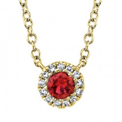 .14Ct Round Ruby & Diamond Halo .04ct Diamond Pendant On 18'' Chain 14K Yellow Gold