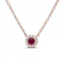 .14Ct Round Ruby & Diamond Halo .04ct Pendant On 18'' Chain 14K Rose Gold