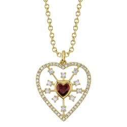 0.24Ct Diamond & 0.30Ct Red Garnet 14K Yellow Gold Heart Necklace