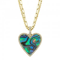 0.21Ct Diamond & 2.16Ct Abalone Shell 14K Yellow Gold Heart Paper Clip Link Faceted Ball Double Chain Necklace