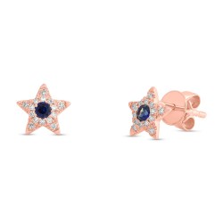 .14ct Blue Sapphire .09ct Diamond Star Stud Earrings 14K Rose Gold