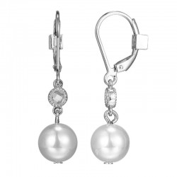 GENUINE WHITE FRESHWATER PEARL 8MM AND ROUND CZ 3MM DANGLE EARRING WITH LEVER BACK S/S W/ RUBY LOGO
