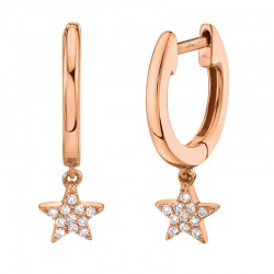 .04ct Pave Diamond Star Huggie Hoop Earrings 14K Rose Gold