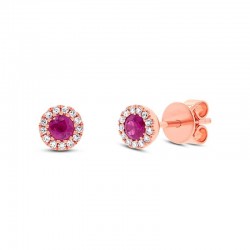 .28ct Round Ruby With Diamond Halo Stud Earrings 14K Rose Gold {Dia=.08ct}