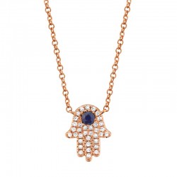 0.09ct Diamond & 0.08ct Blue Sapphire 14k Rose Gold Diamond Hamsa Necklace