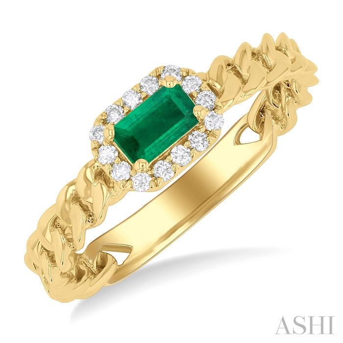 EMERALD SHAPE CURB & CUBAN EAST-WEST GEMSTONE & HALO DIAMOND RING