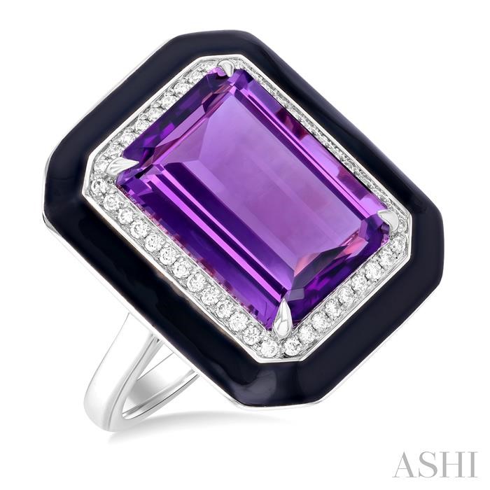 Emerald Shape Black Enamel Gemstone & Halo Diamond Ring