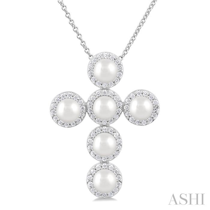 Cross Pearl & Halo Diamond Fashion Pendant