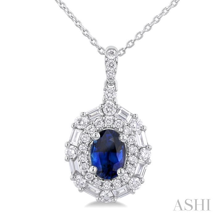 Oval Shape Gemstone & Baguette Halo Diamond Pendant
