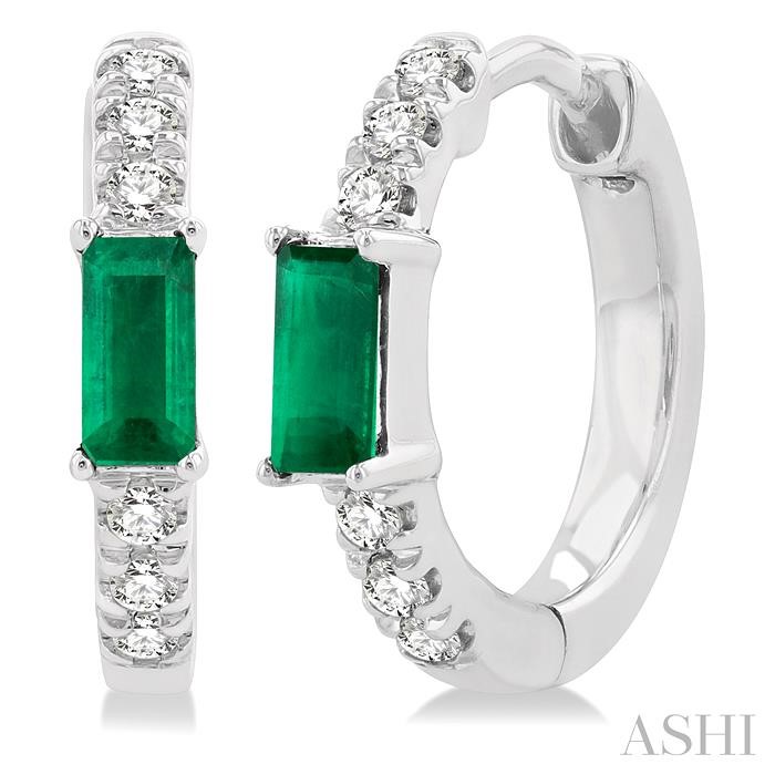 EMERALD SHAPE GEMSTONE & PETITE DIAMOND HUGGIE FASHION EARRINGS