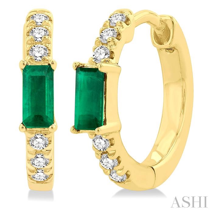 EMERALD SHAPE GEMSTONE & PETITE DIAMOND HUGGIE FASHION EARRINGS