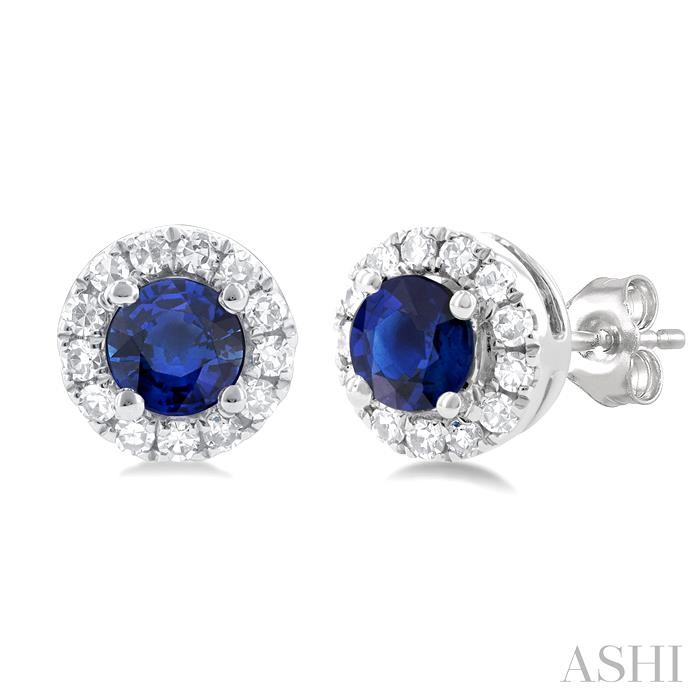 Round Shape Gemstone & Halo Diamond Earrings