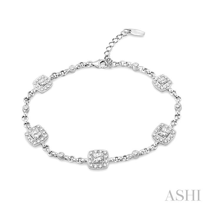 Princess Shape Halo Diamond Chain Station Bracelet