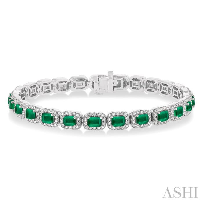 EMERALD SHAPE GEMSTONE & HALO DIAMOND TENNIS BRACELET