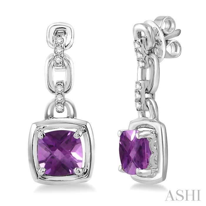 SILVER CUSHION SHAPE GEMSTONE & DIAMOND EARRINGS