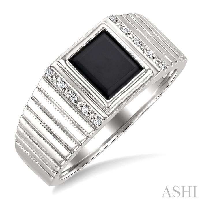 Silver Emerald Shape Men's Onyx Diamond Ring