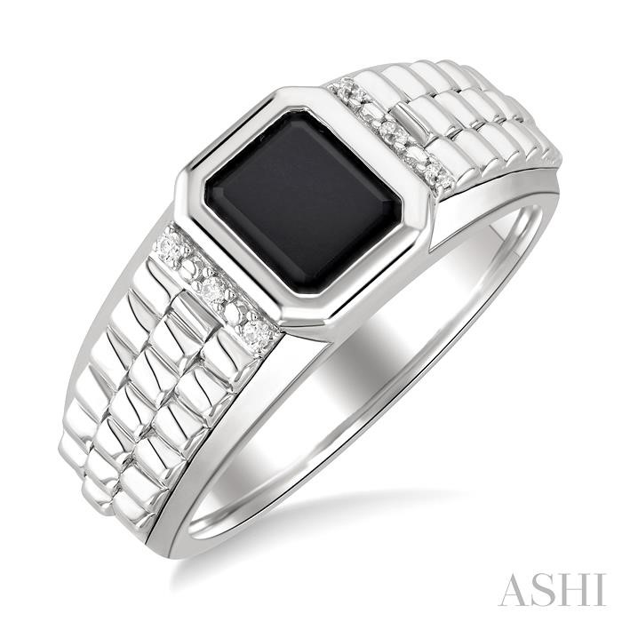 Silver Emerald Shape Men's Onyx Diamond Ring