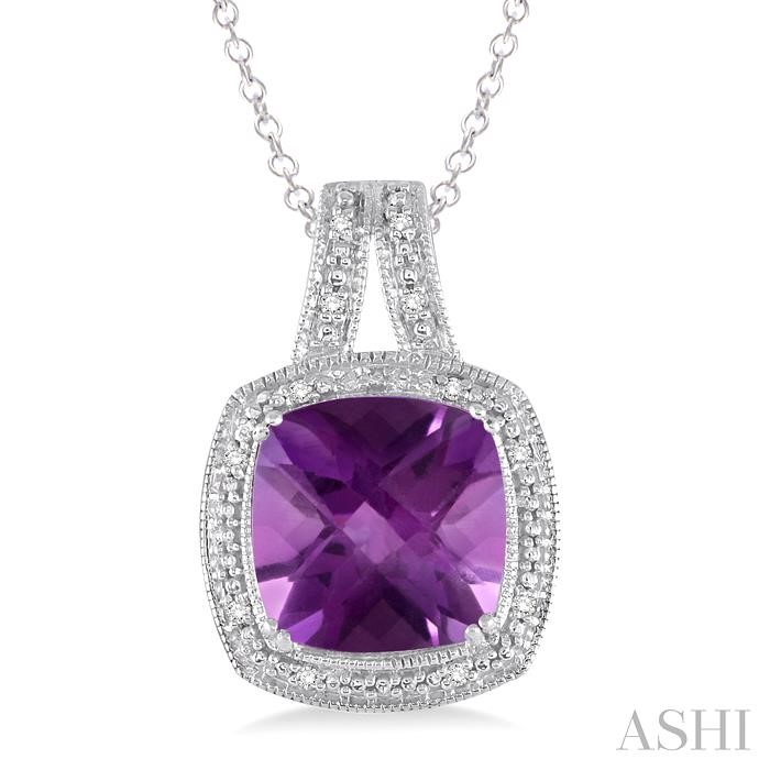 SILVER CUSHION SHAPE GEMSTONE & DIAMOND PENDANT