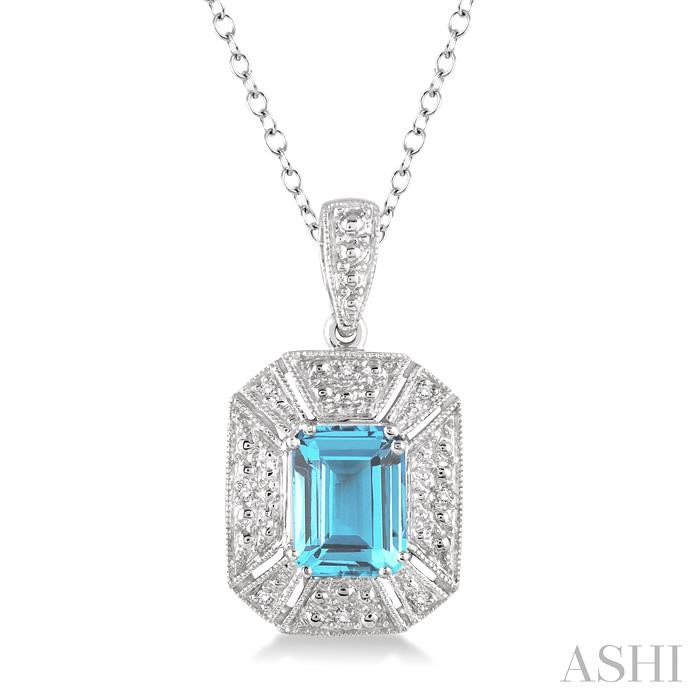 SILVER EMERALD SHAPE GEMSTONE & DIAMOND PENDANT