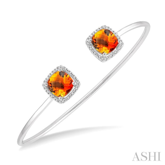 Silver Cushion Shape Gemstone & Halo Diamond Open Cuff Bangle