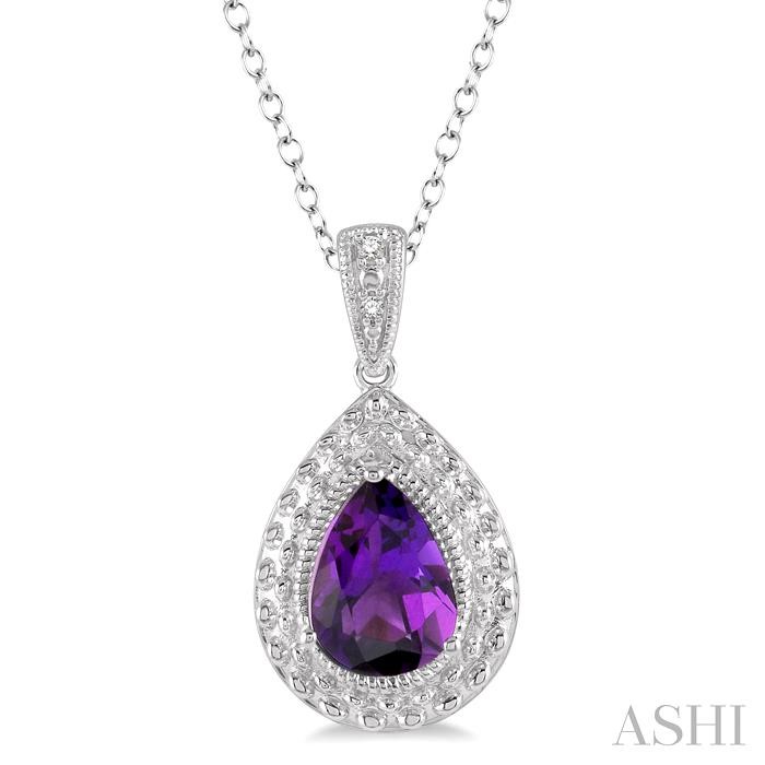 SILVER PEAR SHAPE GEMSTONE & HALO DIAMOND PENDANT