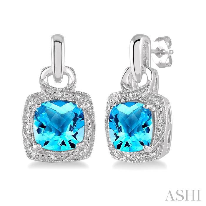 SILVER CUSHION SHAPE GEMSTONE & DIAMOND EARRINGS