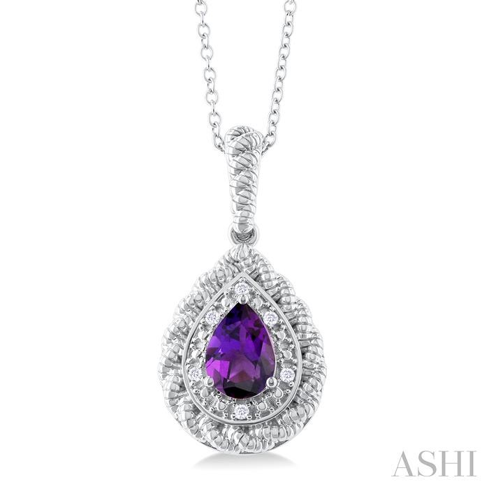 SILVER PEAR SHAPE GEMSTONE & DIAMOND PENDANT