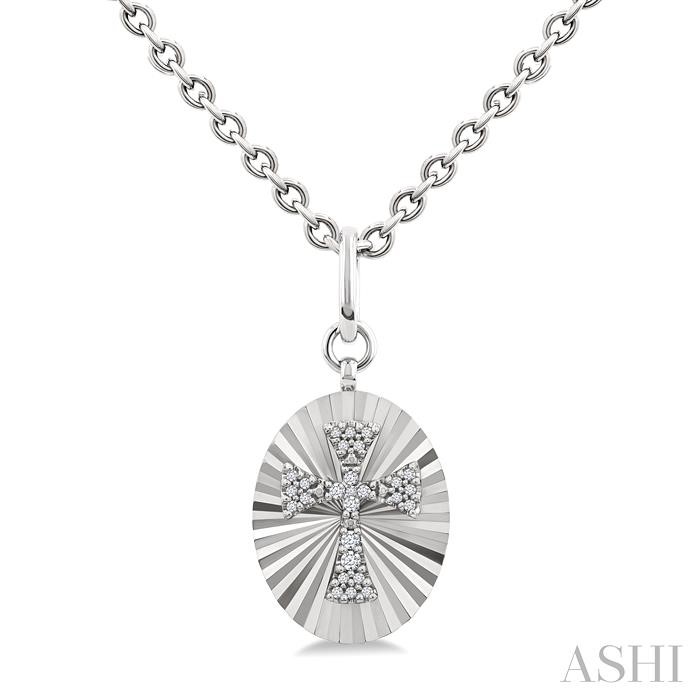 Silver Oval Shape Cross Fluted Medallion Diamond Pendant