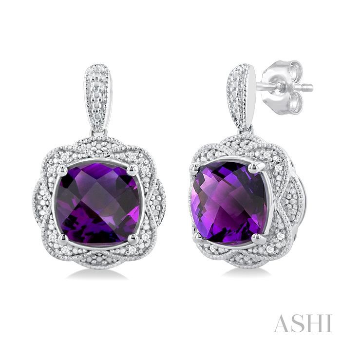 SILVER CUSHION SHAPE GEMSTONE & DIAMOND EARRINGS