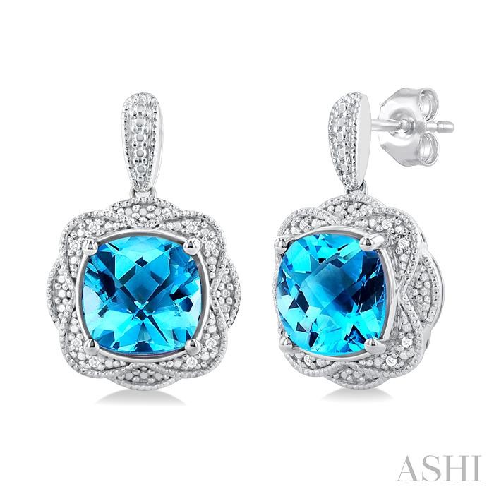 SILVER CUSHION SHAPE GEMSTONE & DIAMOND EARRINGS