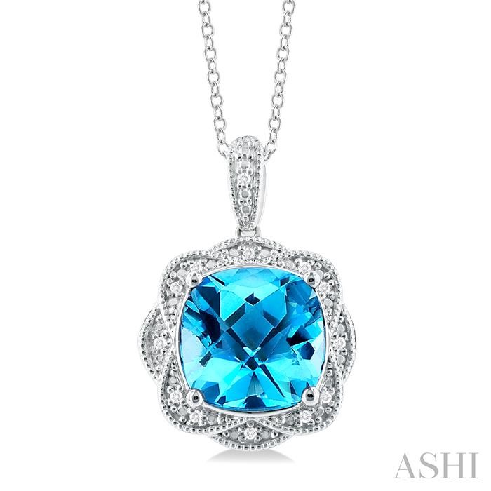 SILVER CUSHION SHAPE GEMSTONE & DIAMOND PENDANT