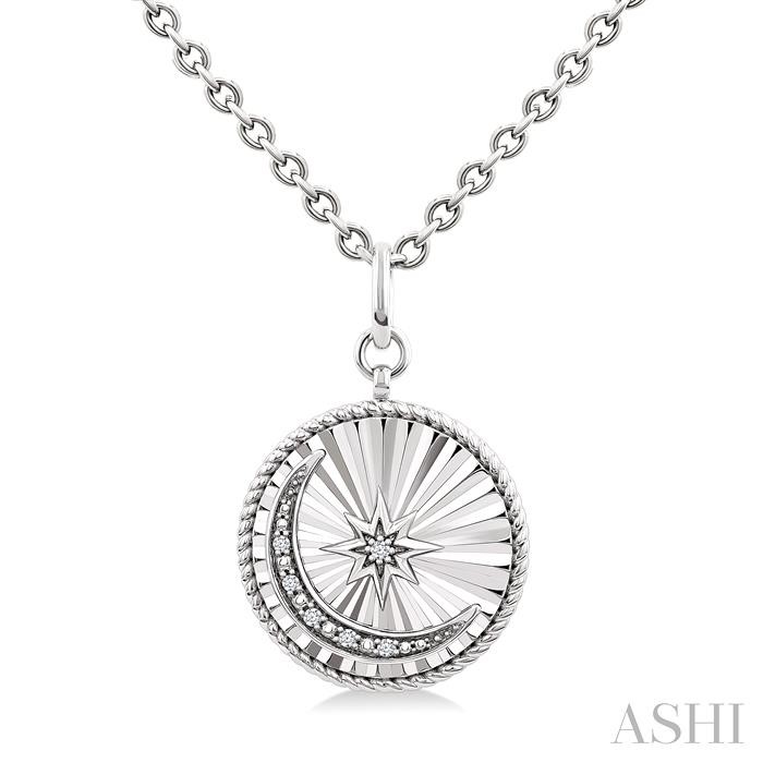 Silver Circle Moon & Star Fluted Medallion Diamond Pendant