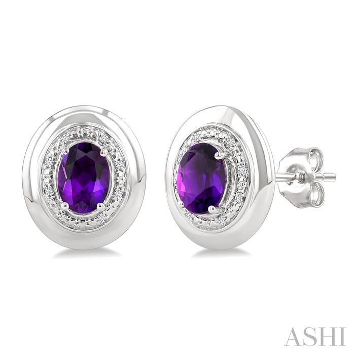 Silver Oval Shape Gemstone & Diamond Earrings