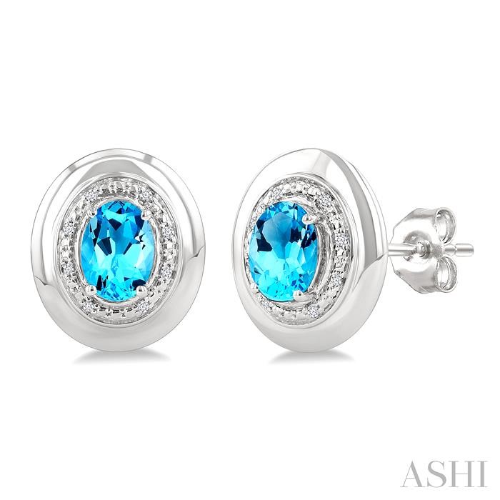 Silver Oval Shape Gemstone & Diamond Earrings