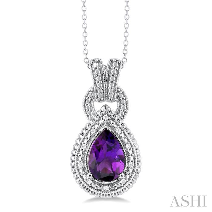 SILVER PEAR SHAPE GEMSTONE & DIAMOND PENDANT