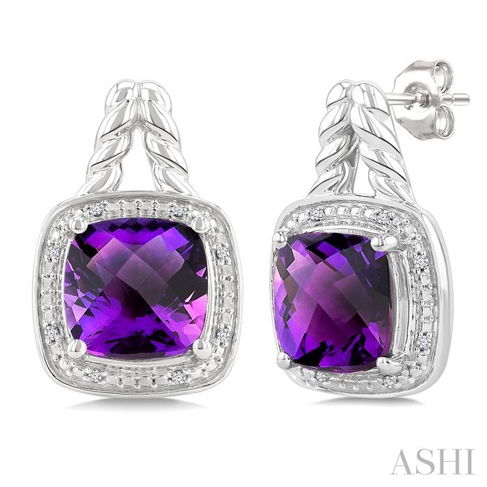 Silver Cushion Shape Gemstone & Diamond Earrings