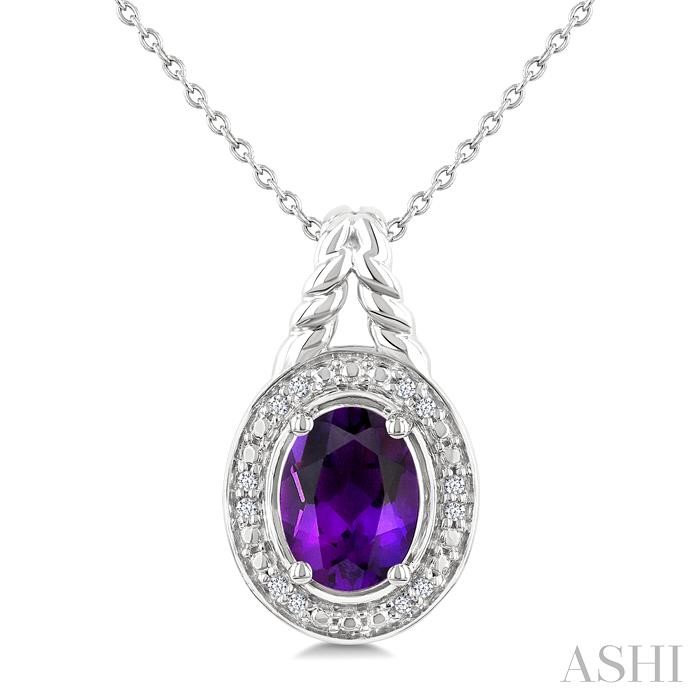 Silver Oval Shape Gemstone & Diamond Pendant
