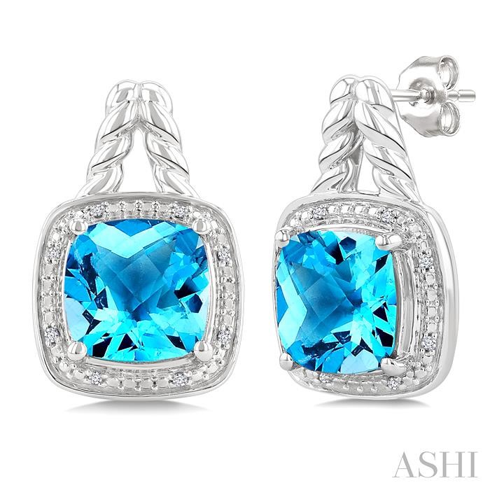 Silver Cushion Shape Gemstone & Diamond Earrings