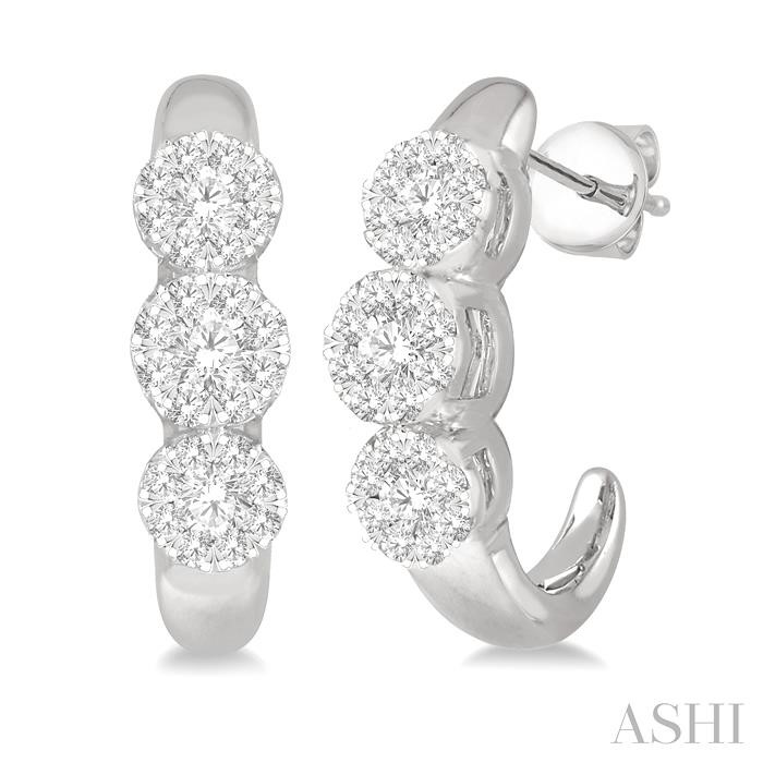 ROUND SHAPE 3 STONE LOVEBRIGHT DIAMOND HALF HOOP EARRINGS