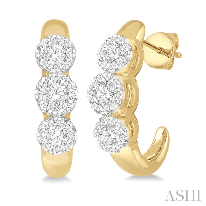 Round Shape 3 Stone Lovebright Diamond Half Hoop Earrings